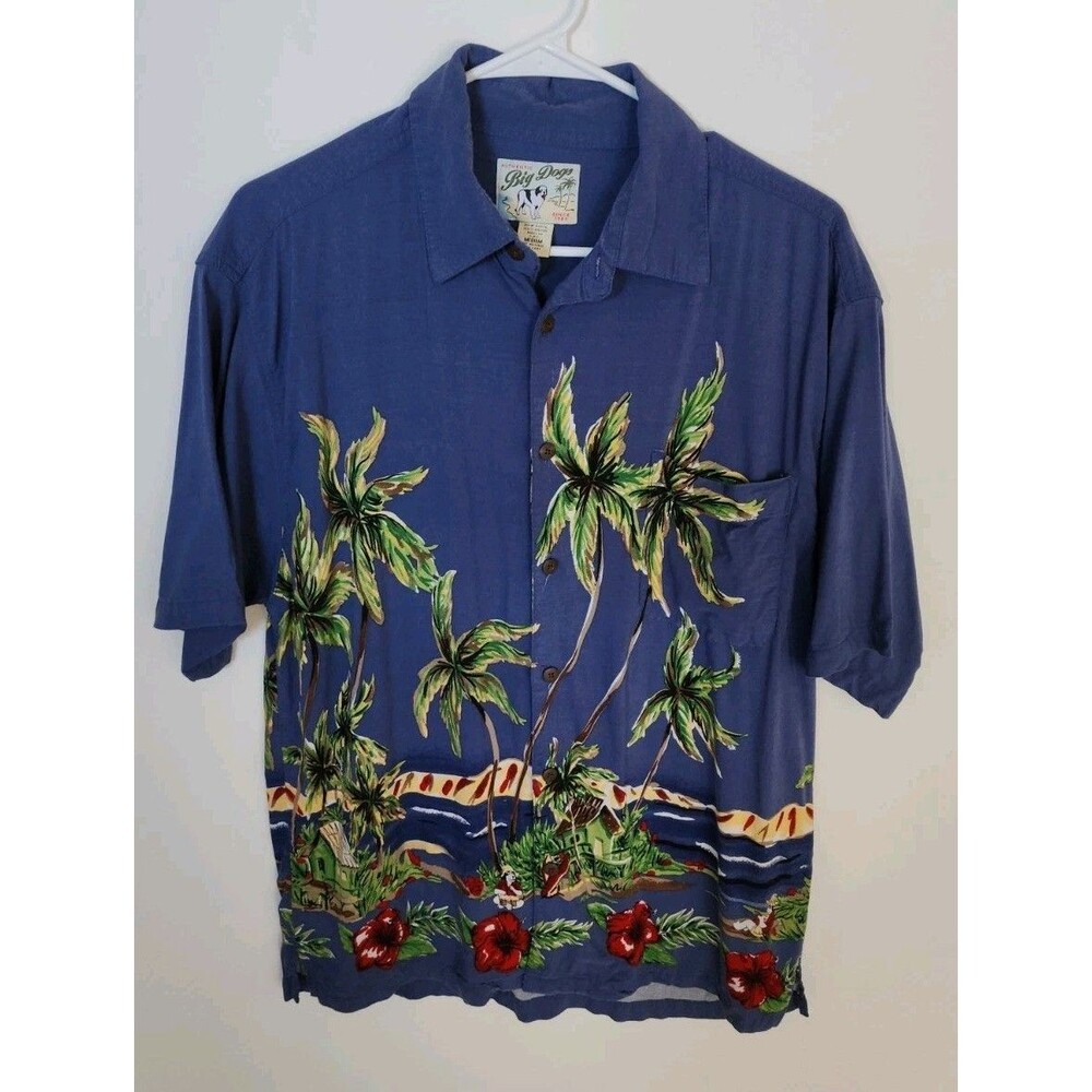 Big Dogs Hawaiian Shirt Rayon Blue Palm Tree Floral Med Double Sided